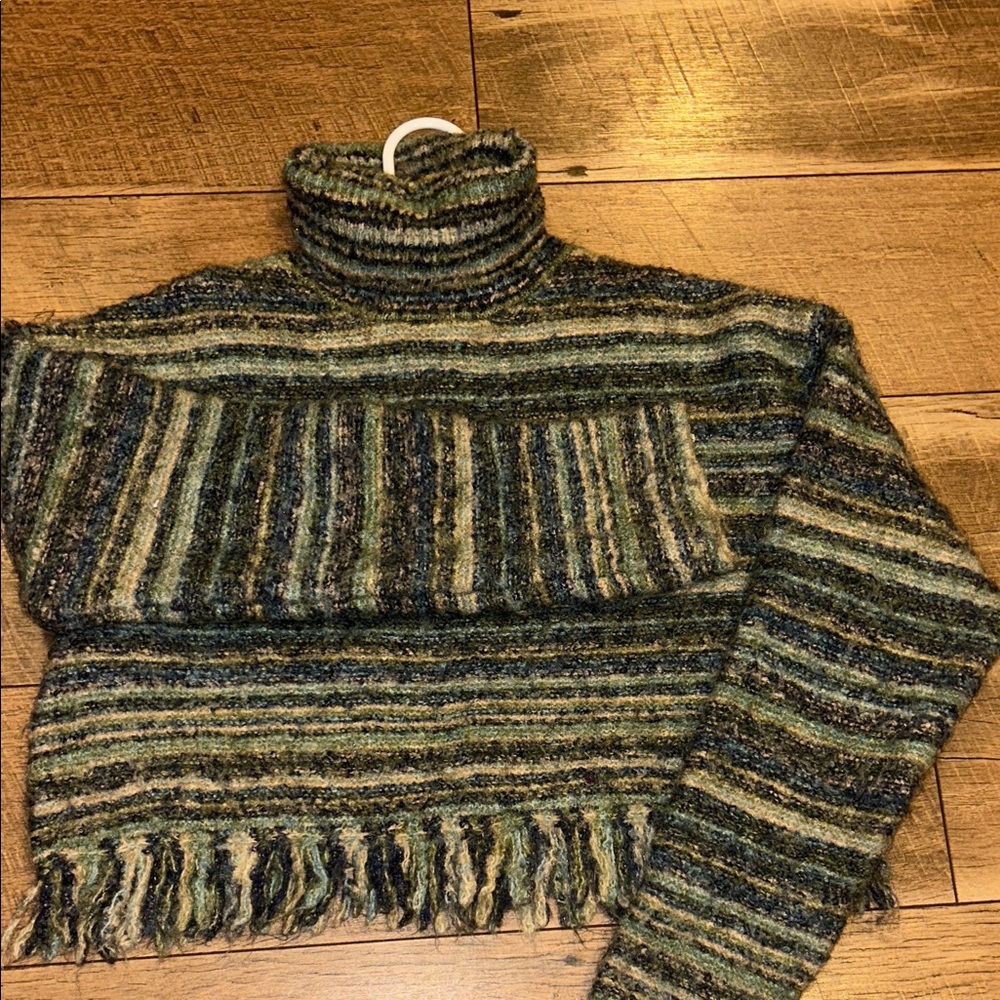 Zara Green and Blue Striped Turtleneck Sweater